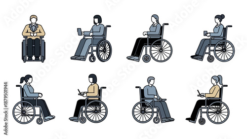 Diverse people in wheelchairs using technology and enjoying daily life activities