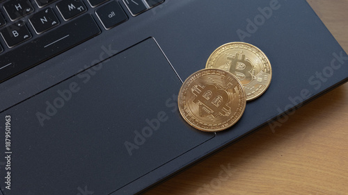Digital currency Bitcoin Coins Closeup on laptop 