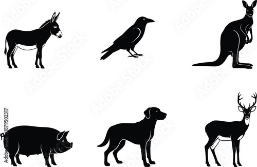 Animal silhouettes, black vector icons, wildlife shapes, domestic animals, farm creatures, bird profile, kangaroo, deer, dog, pig, crow, donkey, side view, isolated, clean design, stock illustration,