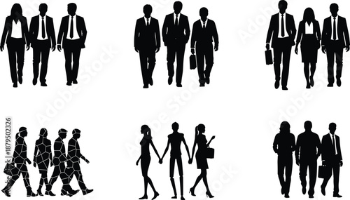 Business people walking silhouettes set showing professional men and women in groups isolated on white background for corporate and teamwork concepts