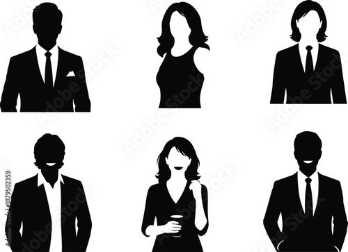 Business portrait silhouettes set featuring professional men and women upper body profiles isolated on white background for corporate identity and branding design