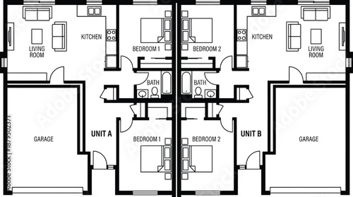 Duplex floor plan with two units and garages
