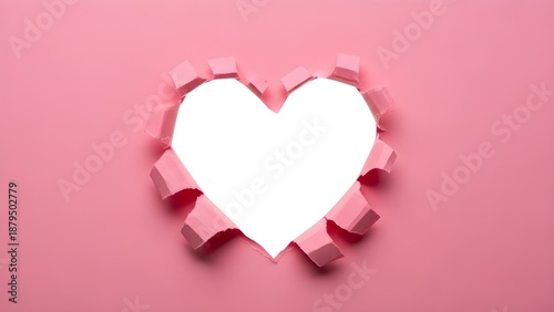 A heart shaped hole in a pink paper background