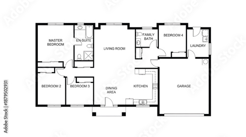 Modern four bedroom house floor plan with garage