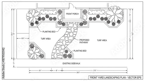 Detailed front yard landscaping plan with pathway and planting beds