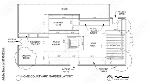 Detailed home courtyard garden layout plan with measurements