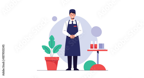 Young male waiter or barista in an apron smiling and welcoming customers at a cafe or restaurant with a friendly attitude.