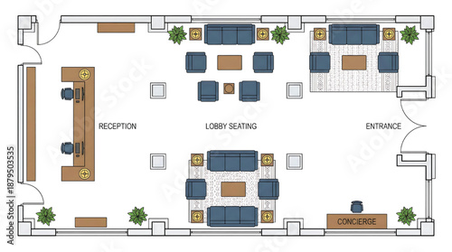 Modern office lobby floor plan with reception and seating areas