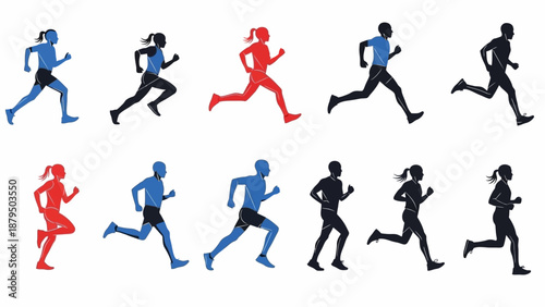 Diverse Silhouettes of Athletes Running in Dynamic Poses, Representing Fitness and Competition