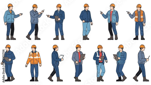 Diverse Construction Workers in Hard Hats with Tools and Blueprints