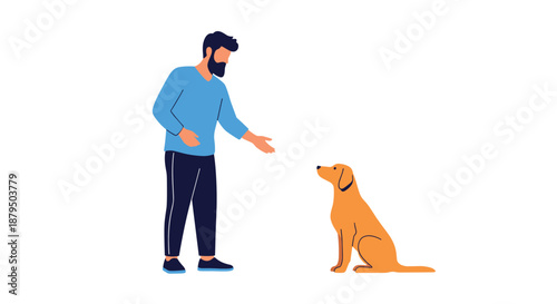 Man training his golden retriever dog, giving a hand command to sit during an obedience lesson, isolated on white background.
