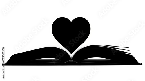 An open book with a heart emerging from its pages viewed from a straightforward perspective