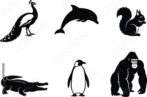 Animal silhouettes, peacock, dolphin, squirrel, crocodile, penguin, gorilla, black vector icons, wild creatures clipart, isolated graphic set