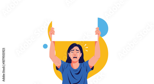 Crying woman holding a blank white sign or placard, protesting or expressing sadness with space for a custom message.