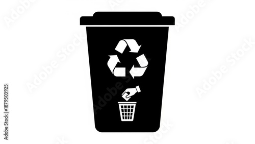 A black recycle bin with a white recycling symbol and a hand putting a paper into it, viewed directly.