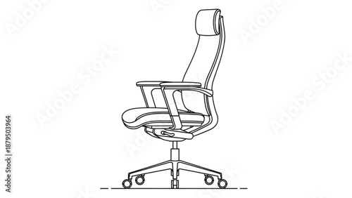 An office chair on wheels viewed from the side in a simple line drawing style