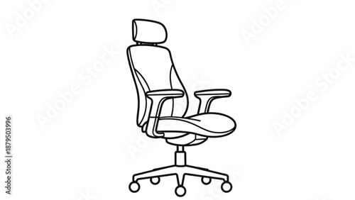 A modern office chair with adjustable armrests and a swivel base is illustrated in a simple line drawing style from a slightly elevated viewpoint.