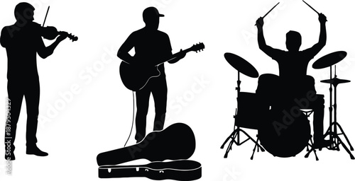 Silhouettes of musicians playing violin, guitar, and drums