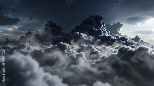 Dramatic, multi-layered storm clouds dominate a dark, powerful sky with bright light