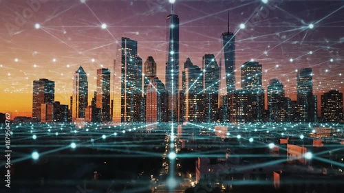 Cityscape with digital network overlay at twilight urban connectivity concept
