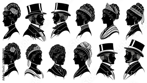 Vintage Silhouette Portraits of Elegant Victorian Men and Women in Formal Attire