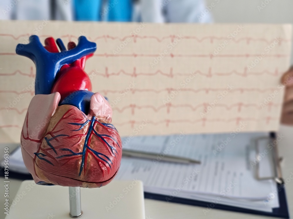 Obraz premium Model heart placed beside a doctor reviewing heart activity chart in a medical setting with equipment around