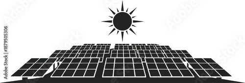 Black solar panel array with sun on for renewable energy