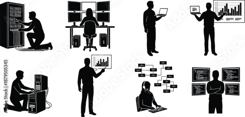 Black silhouettes of business professionals working with computers and data