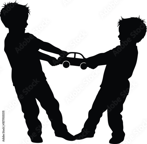 Two boys fighting over a toy car in silhouette
