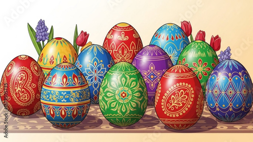 Colorful Easter Eggs with Floral Patterns on Table