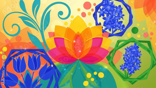 Vibrant Lotus Flower with Blue Floral Patterns on Gradient Background