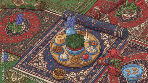 Traditional Persian Nowruz Table Setting on Colorful Carpets