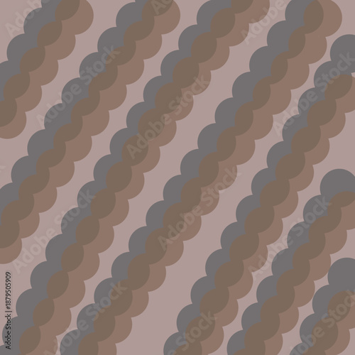 An abstract background, Layered diagonal scalloped stripes in brown and grey tones on a mauve background.