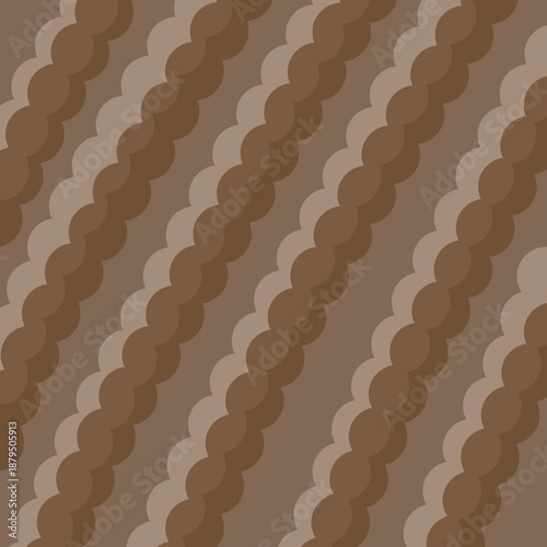 An abstract background, Overlapping diagonal scalloped stripes in multiple shades of chocolate and tan brown.