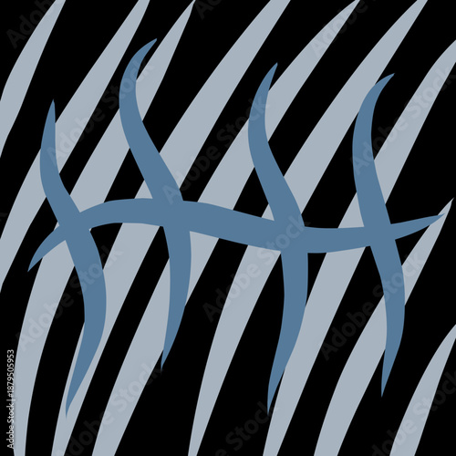 An abstract background, Blue abstract wave over grey diagonal stripes on black background.