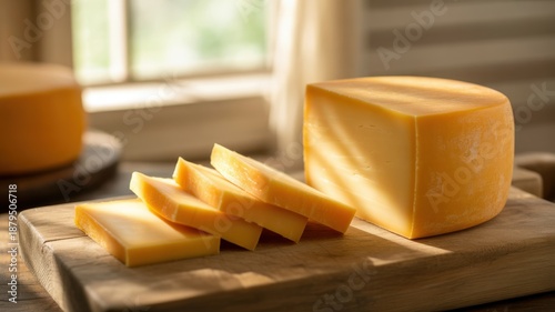 Gouda Cheese Block Sliced on Wooden Board with Sunlight Rays, Food Illustration