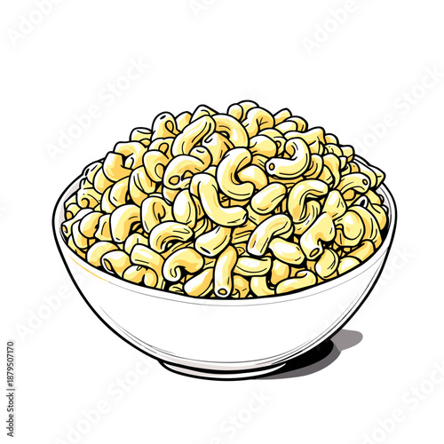 A white bowl filled to the brim with cooked elbow macaroni pasta, presented in a simple illustration.
