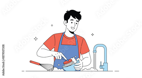 Smiling young man wearing an apron happily washing dishes in a kitchen sink with soap suds and a cleaning brush vector illustration.
