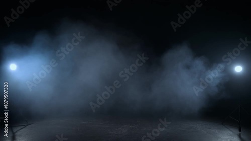 Dramatic stage with spotlight beams cutting through foggy atmosphere