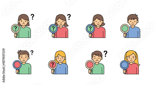 Group of diverse characters holding different signs with question marks and circular symbols to represent choices or confusion.