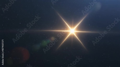 Bright lens flare effect shines intensely against a dark background creating abstract celestial light streaks and captivating circular bokeh orbs for cinematic visual overlays and background design el