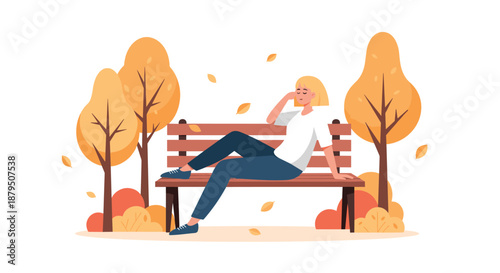 Peaceful woman sitting on a wooden park bench enjoying a quiet autumn day with falling leaves and orange trees in the background.