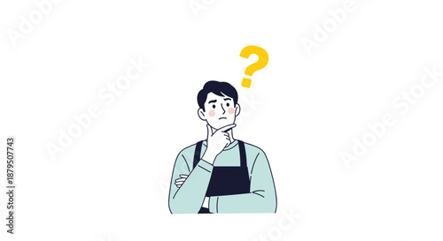 Thoughtful man wearing an apron looking up with a confused expression and a floating yellow question mark above him.