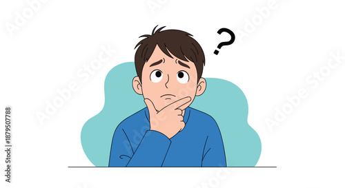 Curious young boy looking up at a question mark with a thoughtful and puzzled facial expression on a blue background.