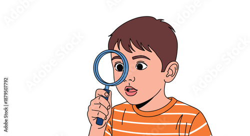 Inquisitive young boy in an orange striped shirt exploring the world through a blue magnifying glass with a surprised look.