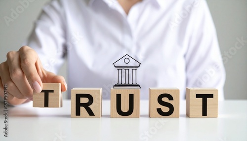 Wallpaper Mural Person touching wooden blocks spelling "TRUST" with institutional icon above, symbolizing reliability and governance. Torontodigital.ca