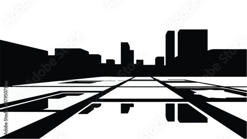 Sleek cityscape silhouette receding into the distance on a bright day.