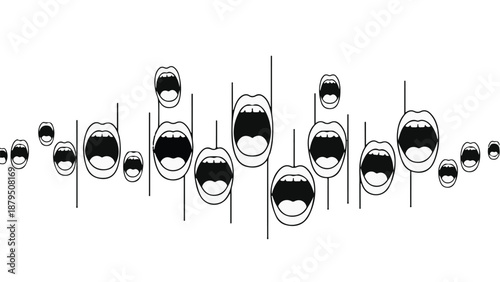 Abstract sound wave pattern created by repeating open mouths, symbolizing speech and communication.