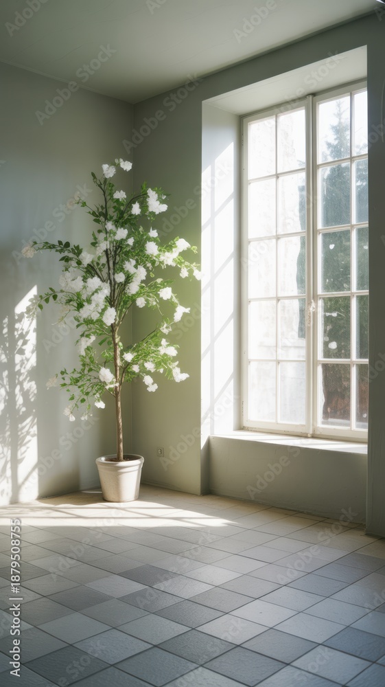 Fototapeta premium Interior scene with a potted flowering tree bathed in sunlight from a large window, casting shadows on the floor and wall. Clean, minimalist aesthetic.