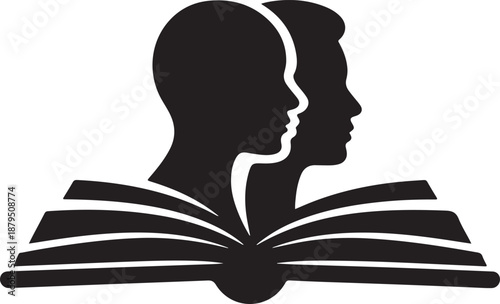 A simple black and white icon shows two human head profiles rising from the pages of an open book
